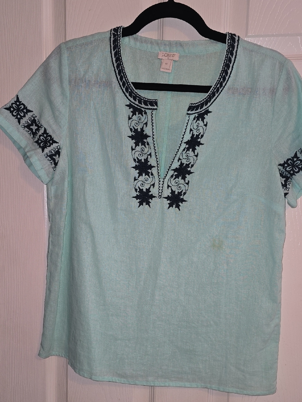 J. Crew Mint Linen Tunic with Navy Embroidery‎ Accents